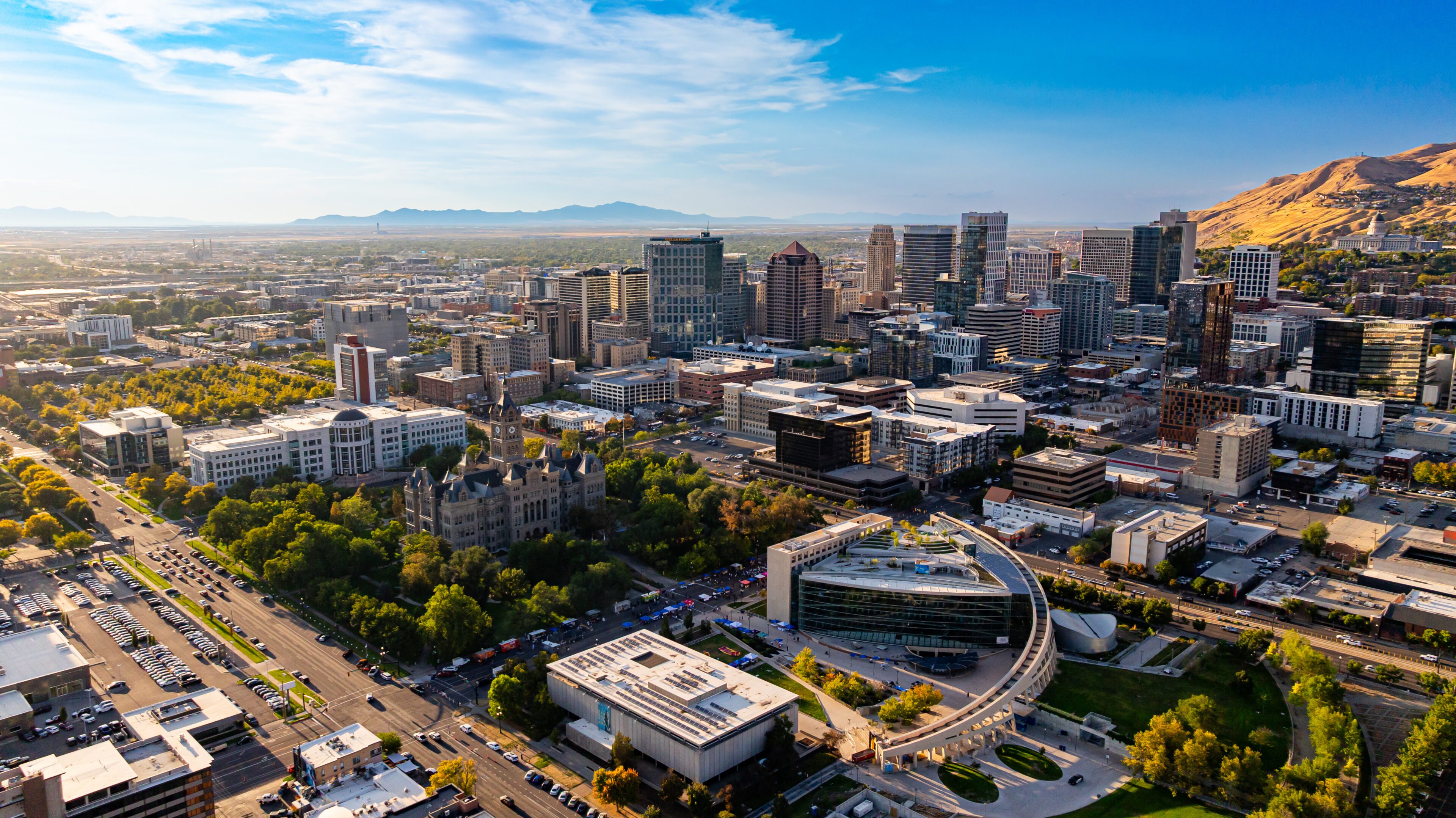 Aerial view of a cityscape with modern buildings and greenery under a blue sky.
